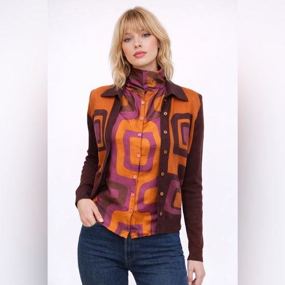 D. Terrell Sweaters - D. Terrell Silk Blend Twinset Geometric Retro Cardigan & Sleeveless Blouse Small